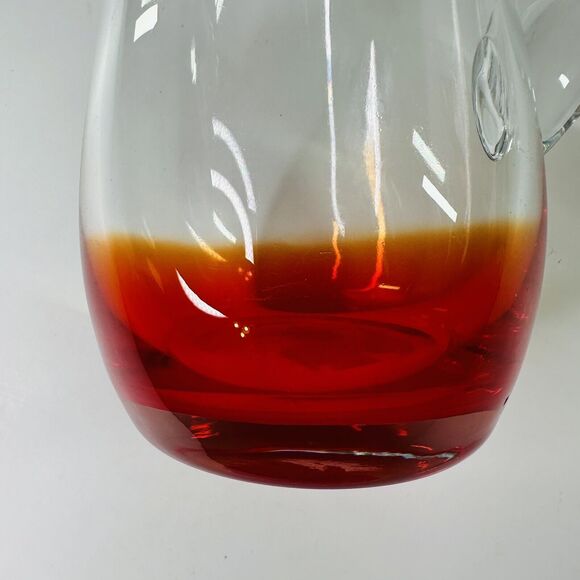 Clear Red Base Art Glass Pitcher Barware Cocktail Party Water Heavy READ - Picture 8 of 13